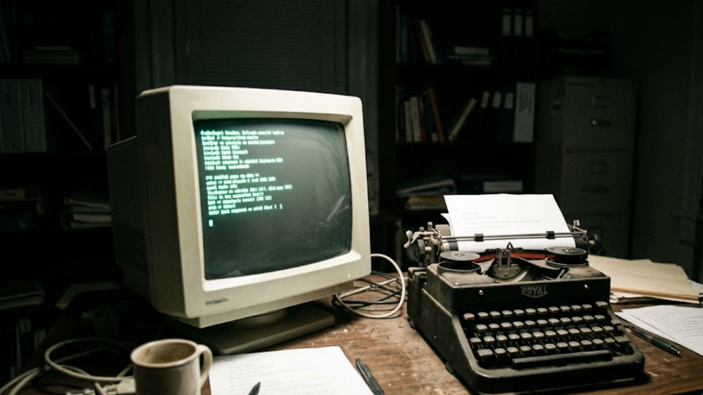 A journalist working at a laptop beside an AI writing assistant