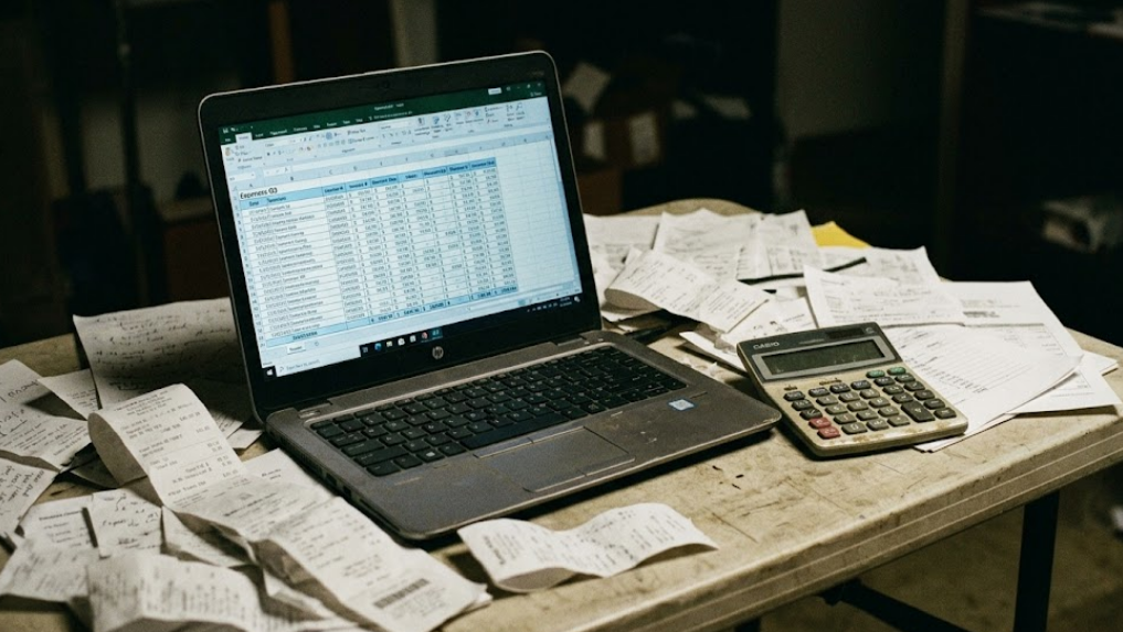 An editor reviewing a monthly budget spreadsheet in a small newsroom